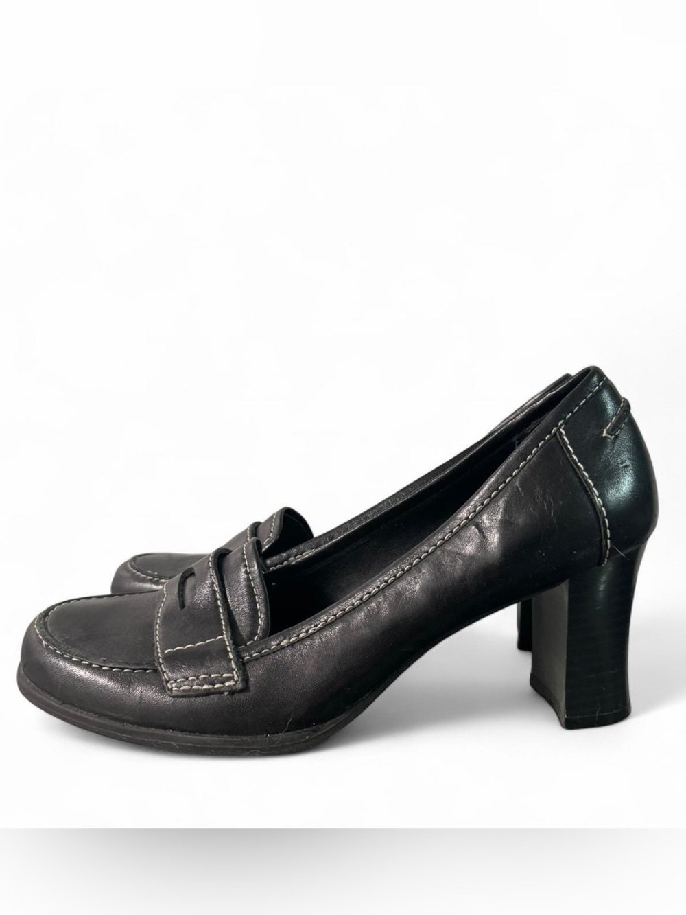 Classic Black Leather Block Heel Loafer - Women's